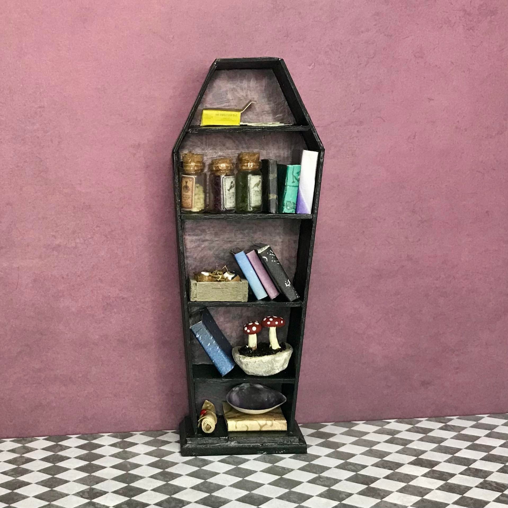 Handcrafted Coffin Shaped Bookshelf Bookcase 112 Scale Dollhouse