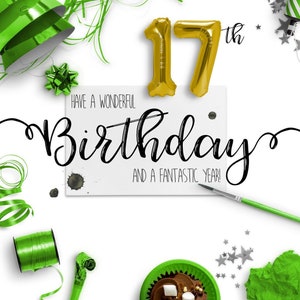 Cartão eletrônico de 17º aniversário | Cartões de aniversário digitais | Cartão de aniversário sem papel | Ecológico | Download instantâneo | Desejos de aniversário | Feliz aniversário