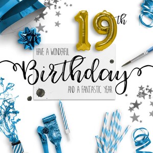Cartão eletrônico de 19º aniversário | Cartões de aniversário digitais | Cartão de aniversário sem papel | Ecológico | Download instantâneo | Desejos de aniversário | Feliz aniversário