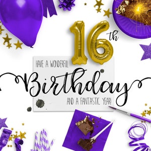 Cartão eletrônico de 16º aniversário | Cartões de aniversário digitais | Cartão de aniversário sem papel | Ecológico | Download instantâneo | Desejos de aniversário | Feliz aniversário