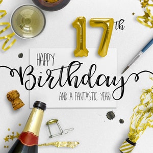 Cartão eletrônico de 17º aniversário | Cartões de aniversário digitais | Cartão de aniversário sem papel | Ecológico | Download instantâneo | Desejos de aniversário | Feliz aniversário