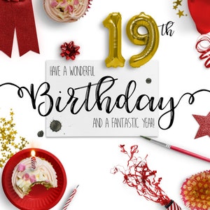 Cartão eletrônico de 19º aniversário | Cartões de aniversário digitais | Cartão de aniversário sem papel | Ecológico | Download instantâneo | Desejos de aniversário | Feliz aniversário
