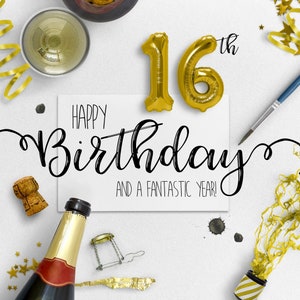 Cartão eletrônico de 16º aniversário | Cartões de aniversário digitais | Cartão de aniversário sem papel | Ecológico | Download instantâneo | Desejos de aniversário | Feliz aniversário