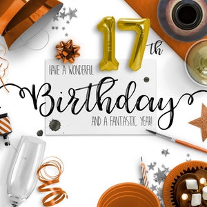 Cartão eletrônico de 17º aniversário | Cartões de aniversário digitais | Cartão de aniversário sem papel | Ecológico | Download instantâneo | Desejos de aniversário | Feliz aniversário
