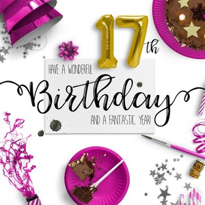 Cartão eletrônico de 17º aniversário | Cartões de aniversário digitais | Cartão de aniversário sem papel | Ecológico | Download instantâneo | Desejos de aniversário | Feliz aniversário
