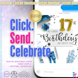 Digital Birthday Card Instant Download Wishes Online Celebration Eco Friendly Paperless Greeting Electronic Message Virtual 17th Birthday