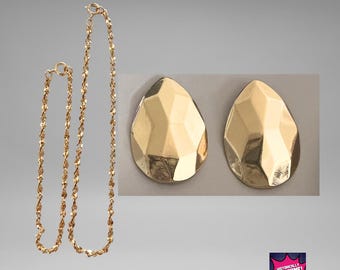 Vintage Avon Jewelry Set: Golden Facets Bracelet, Ankle Bracelet, Earrings - Art Deco NIB