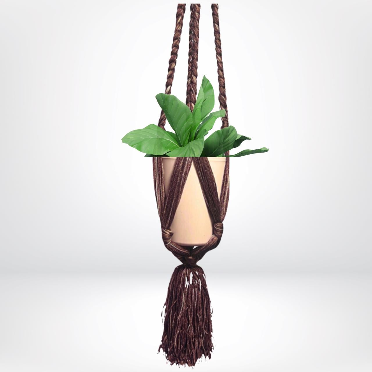 Vintage '70s Macrame Plant Holder: Brown Tan Yarn, Bohemian Decor