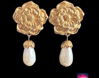 Vintage Avon Summerset Earrings: Goldtone Rosettes with Faux Pearl Drops