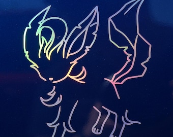 May include: Holographic sticker featuring a stylized outline of a cartoon fox-like creature. The design is in iridescent colors, with a dark blue background. The creature has large ears and a fluffy tail, with a playful pose.