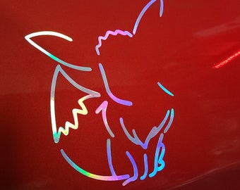 May include: A holographic sticker of a cartoon dragon with its wings spread out. The dragon is outlined in silver and has a rainbow iridescent finish.