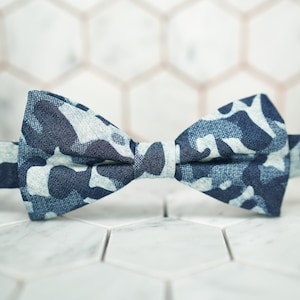 Sky Blue Camo Bow Tie Navy & Gray Army Woodland Denim Cotton Fabric Dapper Elegant Groomsmen Wedding Party Modern Casual Pretied Bowtie