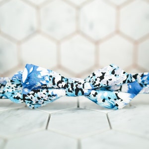 Oriental Blue Hues Bow Tie Waves Floral Art Bright Spring Cotton Fabric Tuxedo Fashion Elegant Groomsmen Wedding Party Modern Pretied Bowtie