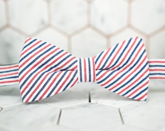 Patriotic Red White Blue Bow Tie &quot;Barber Pole&quot; Veteran 4th of July Independence Tuxedo Elegant Groomsmen Wedding Party Modern Pretied Bowtie
