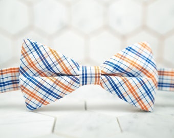 Plaid Orange Blue Bow Tie Checkered Summer Playful Pattern Dark Cotton Fabric Dapper Groomsmen Wedding Fancy Modern Casual Pretied Bowtie