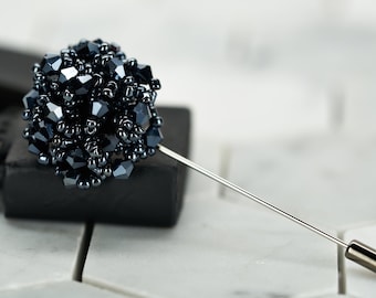 Blue Iced Out Flower Lapel Pin "Notorious" Navy Rhinestone Unique Modern Unisex Pins for Suit Jackets Groomsmen Boyfriend Wedding Events