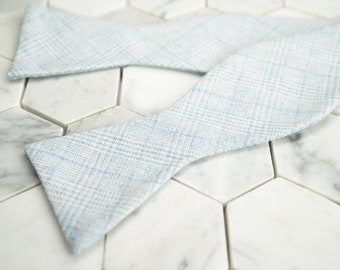 Self Tie Blue Plaid Blue Bow Tie Checkered Playful Pattern Summer Light Cotton Dapper Groomsmen Wedding Fancy Modern Casual Untied Bowtie