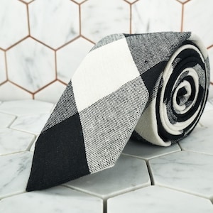 Checkered Linen Slim Tie Black White Gray Chess Pattern Cotton Fabric Dappered Groomsmen Wedding Business Unique Modern Skinny Necktie