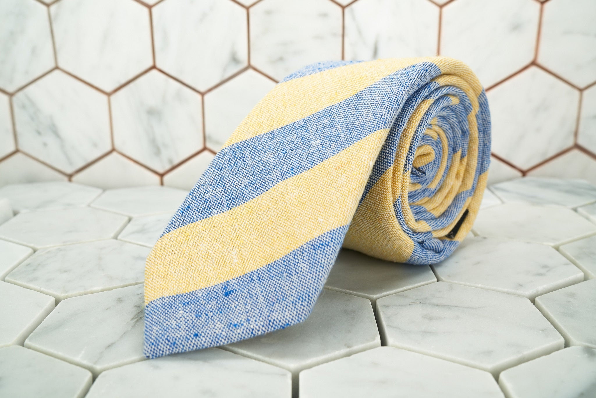 Lemon Twist Linen Slim Tie "Bookie" Yellow Blue Stripes Cotton Fabric Dappered Groomsmen Wedding Business Unique Modern Skinny Necktie