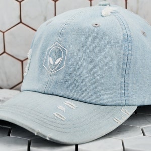 Alien Martian Denim Baseball Cap Distressed Blue Ripped Brooklyn Streetwear | High Quality Cotton Fabric | Hex Hat Unique Area 51 Dad Hat