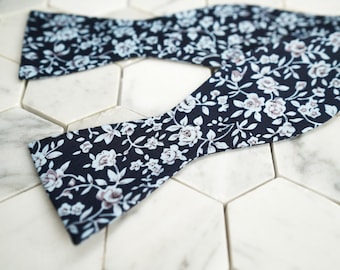 Self Tie Blueberry Floral Bow Tie Navy Light Blue Flowers Spring Cotton Tuxedo Fashion Elegant Groomsmen Wedding Party Modern Untied Bowtie