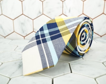 Sunny Plaid Slim Tie Yellow White Blue Spring Happy Cotton Fabric Dappered Groomsmen Wedding Business Unique Modern Casual Skinny Necktie