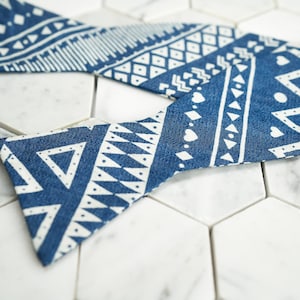 Self Tie Aztec Blue Bow Tie Shapes & Patterns Art Denim Cotton Dapper Tuxedo Fashion Elegant Groomsmen Wedding Party Modern Untied Bowtie