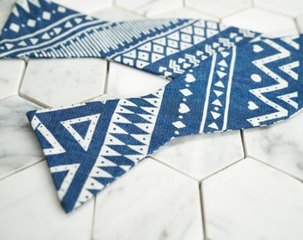 Self Tie Aztec Blue Bow Tie Shapes & Patterns Art Denim Cotton Dapper Tuxedo Fashion Elegant Groomsmen Wedding Party Modern Untied Bowtie