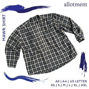 May include: A black and white plaid long-sleeved shirt with a button-up collar. The shirt is laid flat on a white background. The text "MAWR SHIRT" is on the left side of the image. The text "A0 | A4 | US LETTER XS/S/M/L/XL / XXL allotment" is on the bottom right side of the image.