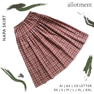 May include: A red and white plaid Napa skirt with an elastic waistband. The skirt is a midi length and has a flared silhouette. The text "NAPA SKIRT" is on the left side of the image. The word "allotment" is at the top.
