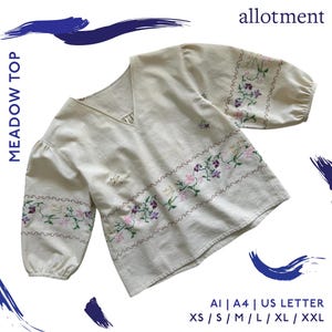 Blusa holgada y cuadrada con cuello en V, mangas 3/4, fruncida / Uso diario / A4 / Carta + A0 / Patrón de costura en PDF