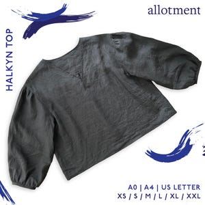 May include: A dark gray Halkyn Top with a V-neckline and long, voluminous sleeves featuring gathered cuffs. The image includes the text "allotment", "HALKYN TOP", and "A0 | A4 | US LETTER XS | S | M | L | XL | XXL" surrounded by blue brush strokes.