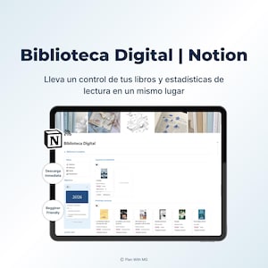 Puede incluir: Interfaz de biblioteca digital en una pantalla de tableta, mostrando una plantilla de Notion. La pantalla muestra portadas de libros y funciones de organización. El texto incluye "Biblioteca Digital | Notion" y "Descarga Inmediata."