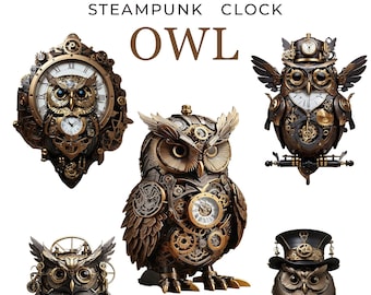 Steampunk Clock Owl Digital Art | 5 PNGs Vintage Victorian Owl Clipart | Steampunk Owl Digital Wall Art | Instant Download | Printable Art