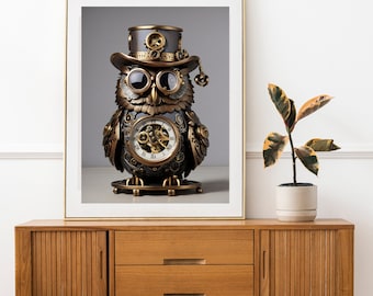Steampunk Clock Owl Digital Art Print | Vintage Owl AI Art | Steampunk Owl Wall Art | Home Décor Poster | Instant Download | Printable Art