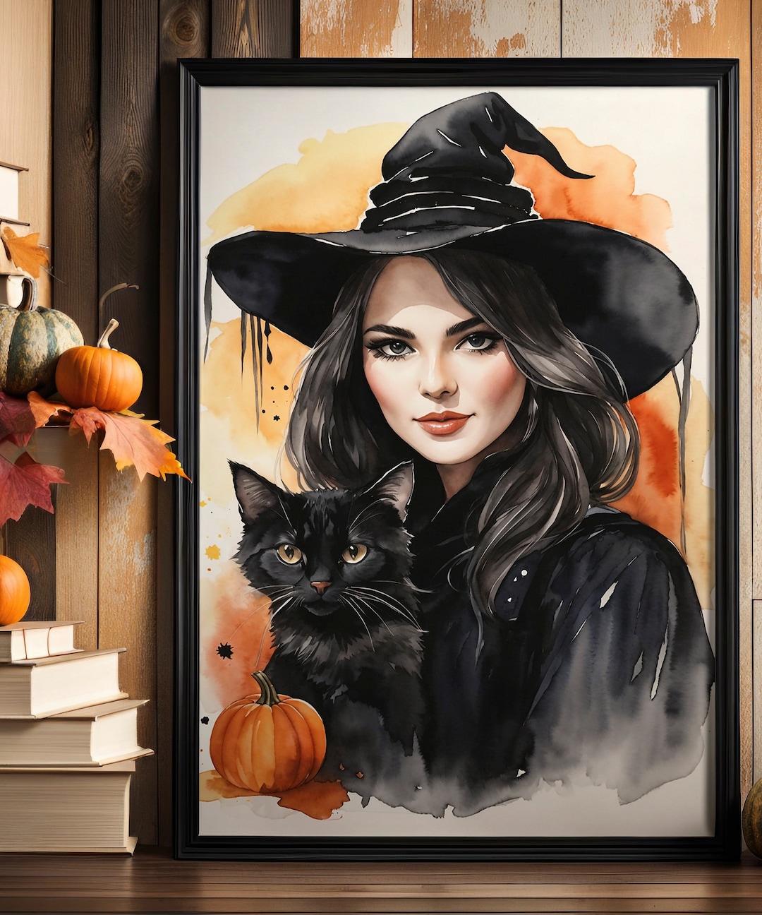 Halloween Witch Wall Art Watercolor Witch Woman Painting Black Cat Witch Pumpkin Poster