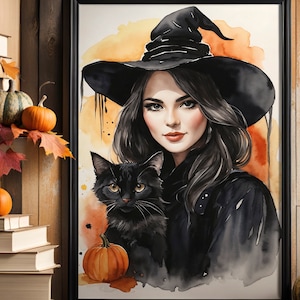ハロウィン魔女ウォールアート | 水彩画の魔女の女性画 | 黒猫魔女カボチャポスター | ハロウィン装飾プリントアート | 即時ダウンロード