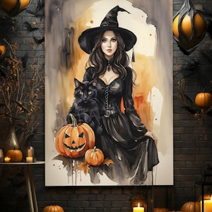 ハロウィン魔女ウォールアート | 水彩魔女女性画 | 黒猫かぼちゃポスター | ハロウィン装飾プリント AI アート | 即時ダウンロード