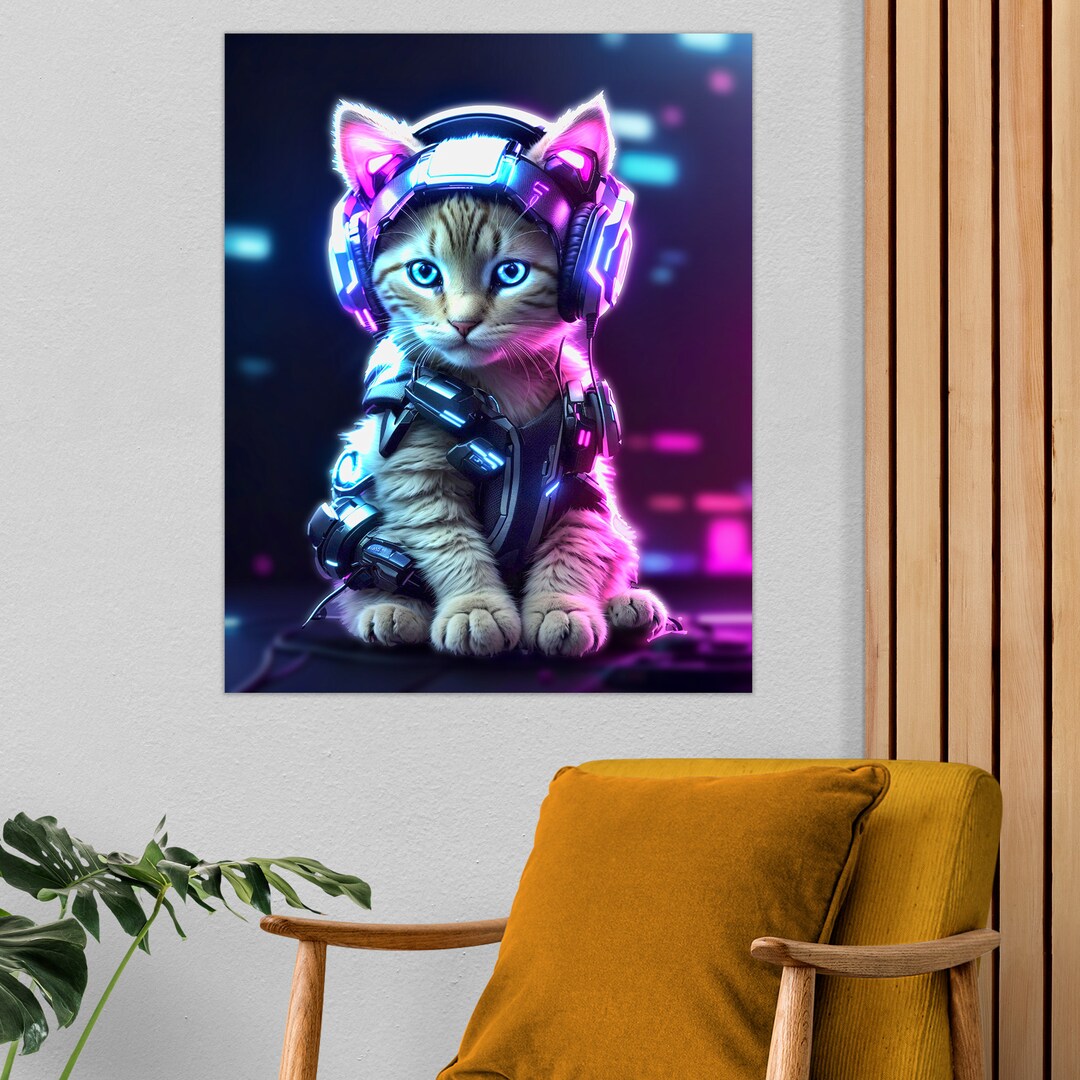 Cyberpunk Kitten Digital Art Print | AI Wall Art Poster | Instant ...