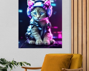 Cyberpunk Kitten Digital Art Print | AI Wall Art Poster | Instant Download | Printable Art