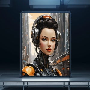 Pode incluir: Uma mulher com cabelo escuro e batom vermelho usa um fone de ouvido futurista e uma roupa amarela e preta. O fundo é uma cena da cidade.