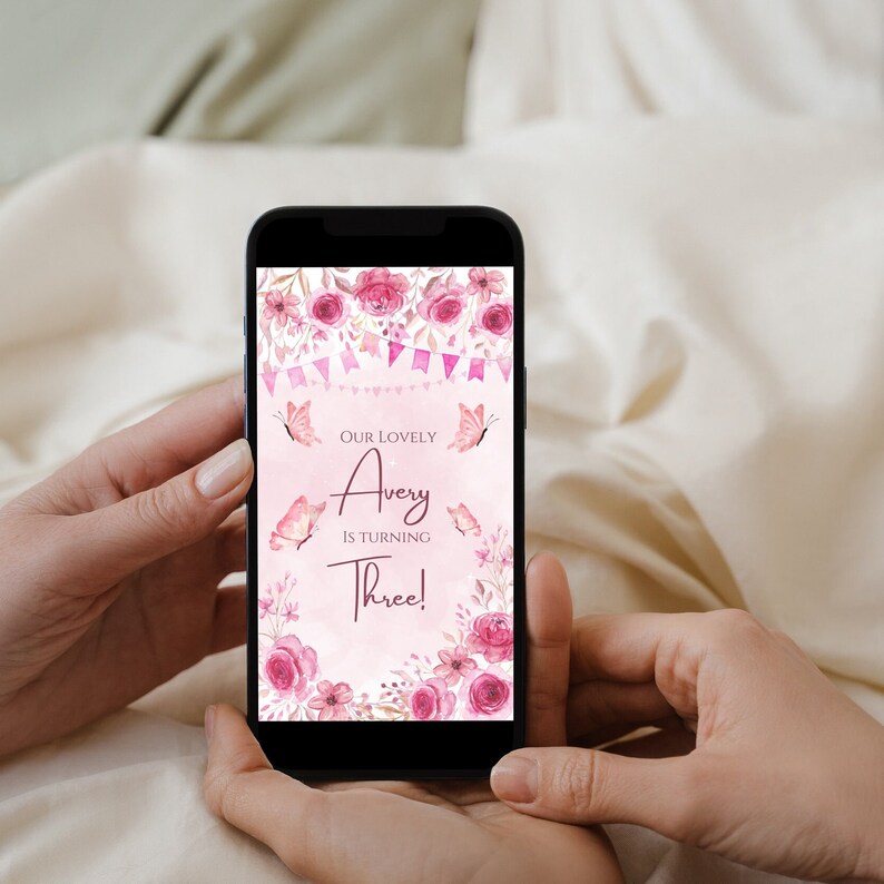 Mobile Birthday Invitation Ecard butterfly Pink Girls Editable Template ...