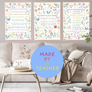 Conjunto de 3 afirmaciones positivas para los sentidos, rincón de calma para niños felices, impresión artística digital, póster imprimible, póster motivacional para niños.