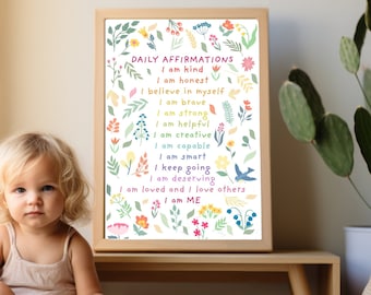 Positive Affirmations | Happy Kids Calming Corner | Digital Download Art Print | Printable | Motivational Childrens Teen Classroom Poster