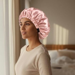 Puede incluir: Un gorro de satén rosa claro. El gorro se lleva en la cabeza y tiene un borde elástico fruncido. La persona de la imagen lleva una camisa de manga larga de color beige claro. El fondo incluye una ventana y una cama.