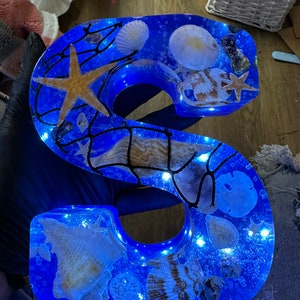 May include: A blue resin letter 'S' with embedded seashells, starfish, and a fishing net design. The letter is illuminated with white LED lights.