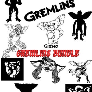 May include: Black and white line art illustrations of various Gremlins characters, including Gizmo, Stripe, and a Gremlin with a mohawk. The text "GREMLINS BUNDLE" is written in red letters.