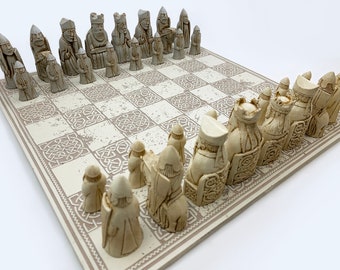 Isle of Lewis chess set in Ivory and Grey with matching board