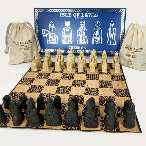 Isle of Lewis Style Chess Set, medium sized pieces with vegan leather board, box and cotton drawstring bags