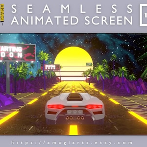 Può includere: Uno schermo animato digitale che mostra un'auto sportiva bianca che guida su una strada verso un grande sole giallo. La scena include montagne viola, palme, un cielo stellato e due cartelloni con il testo STARTING SOON in lettere bianche.